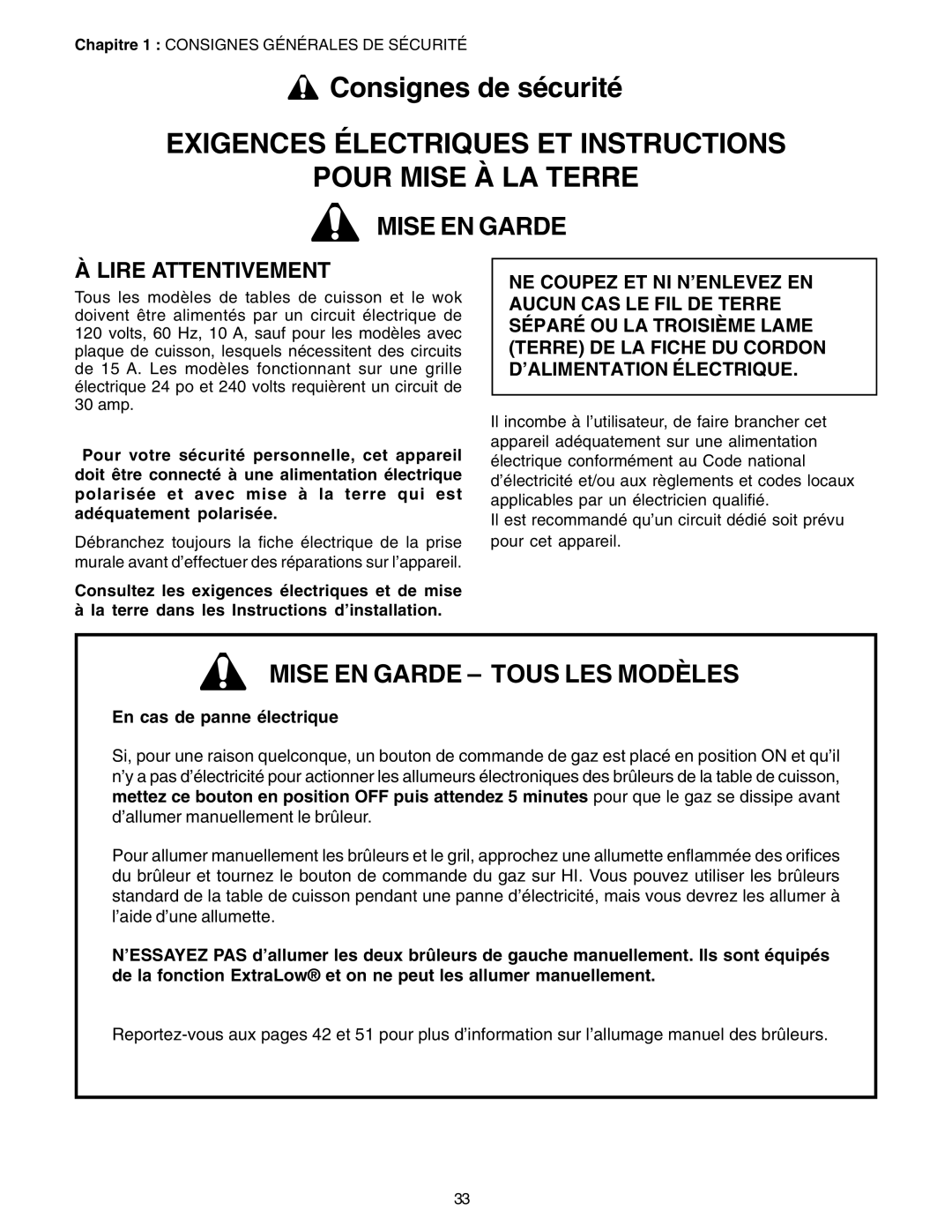 Thermador P24GE, PC30 manuel dutilisation Consignes de sécurité, Exigences Électriques ET Instructions Pour Mise À LA Terre 