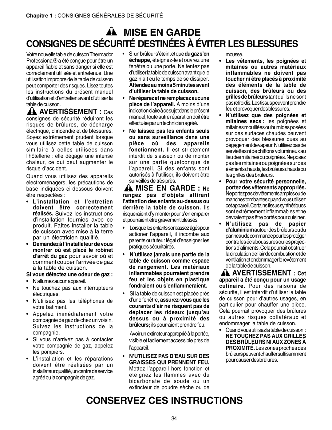 Thermador PC30, P24GE manuel dutilisation Mise EN Garde, Conservez CES Instructions 