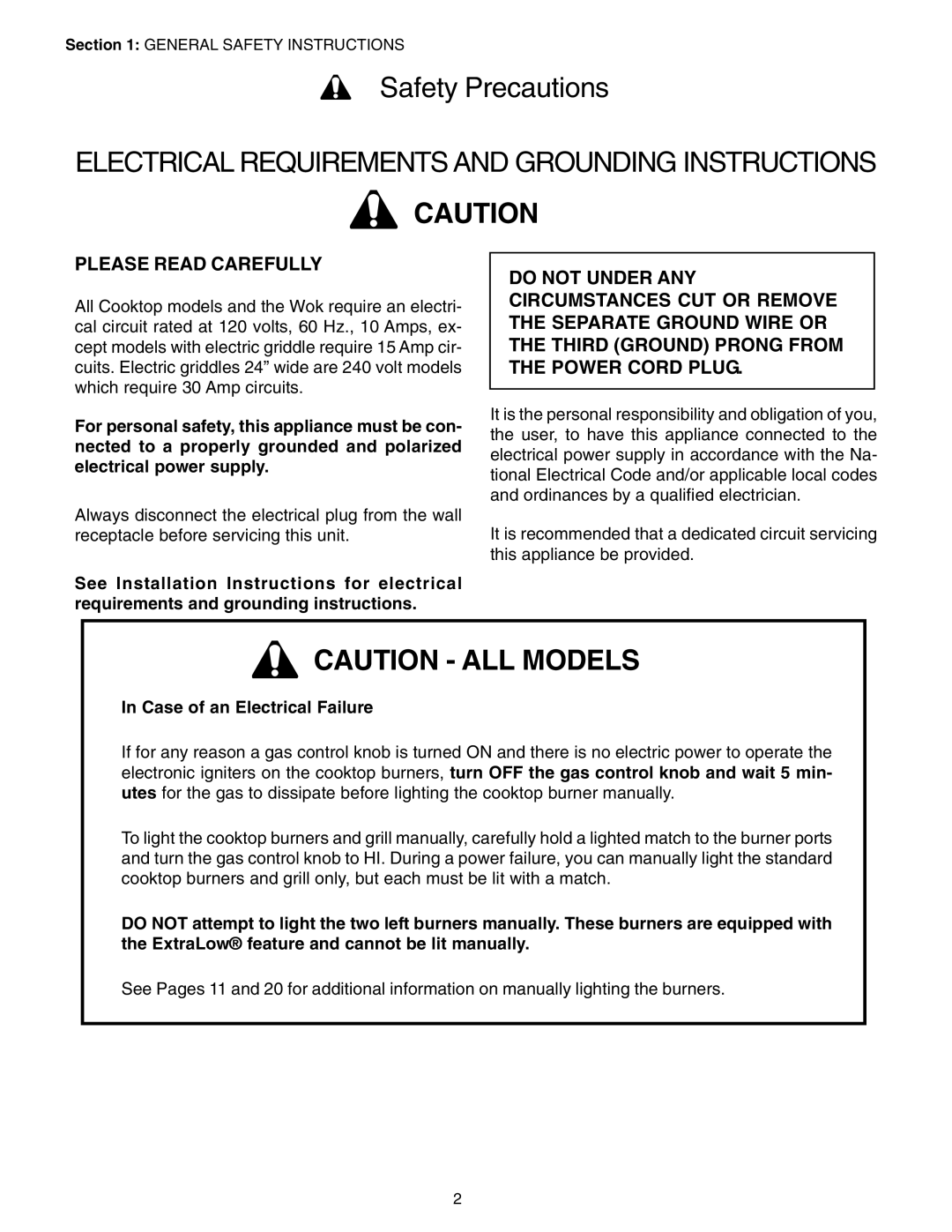 Thermador PC30, P24GE manuel dutilisation Please Read Carefully, Case of an Electrical Failure 