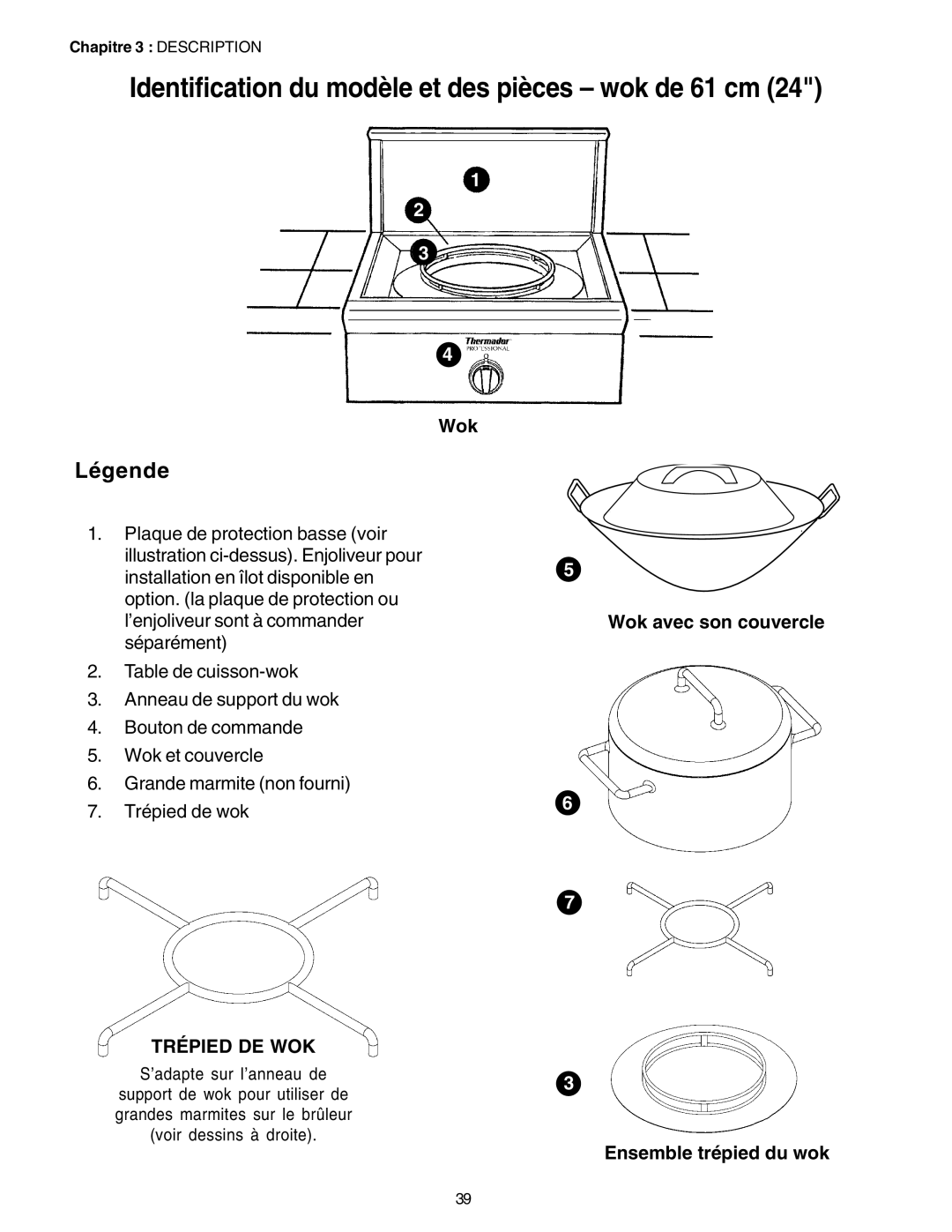 Thermador P24GE, PC30 manuel dutilisation Identification du modèle et des pièces wok de 61 cm, Trépied DE WOK 