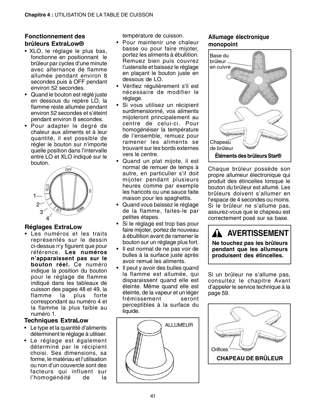 Thermador P24GE Fonctionnement des brûleurs ExtraLow, Réglages ExtraLow, Techniques ExtraLow, Éléments des brûleurs Star 