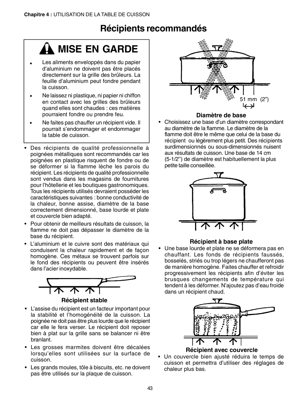 Thermador P24GE, PC30 manuel dutilisation Récipients recommandés, Récipient stable, Diamètre de base, Récipient à base plate 