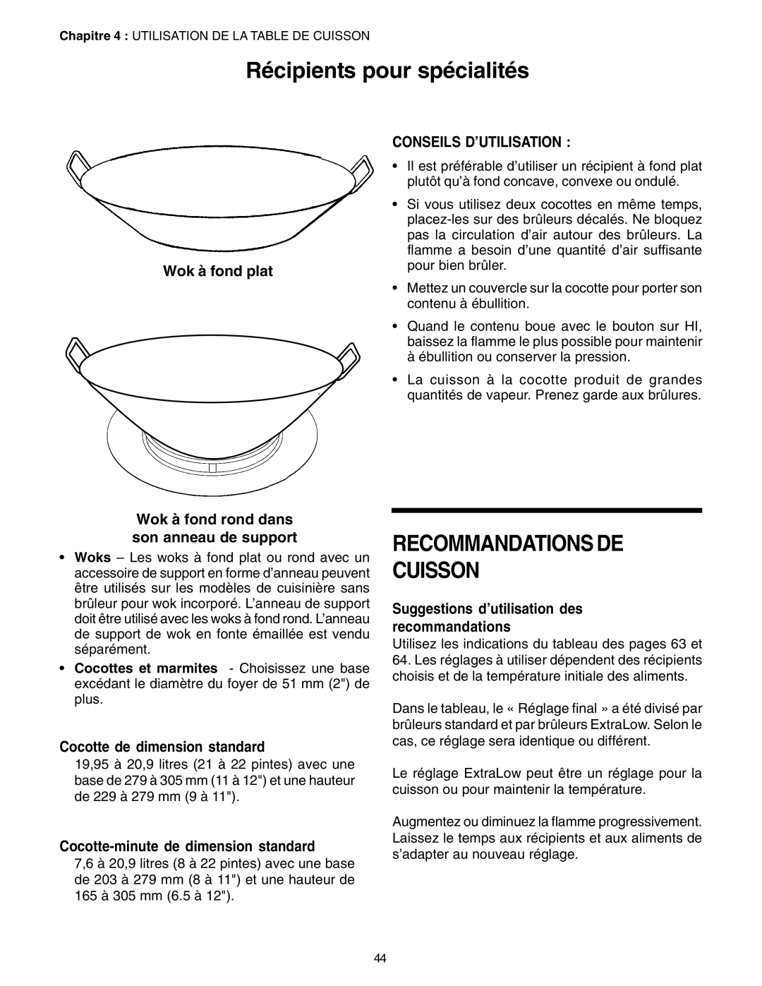 Thermador PC30, P24GE manuel dutilisation Récipients pour spécialités, Recommandations DE Cuisson, Conseils D’UTILISATION 