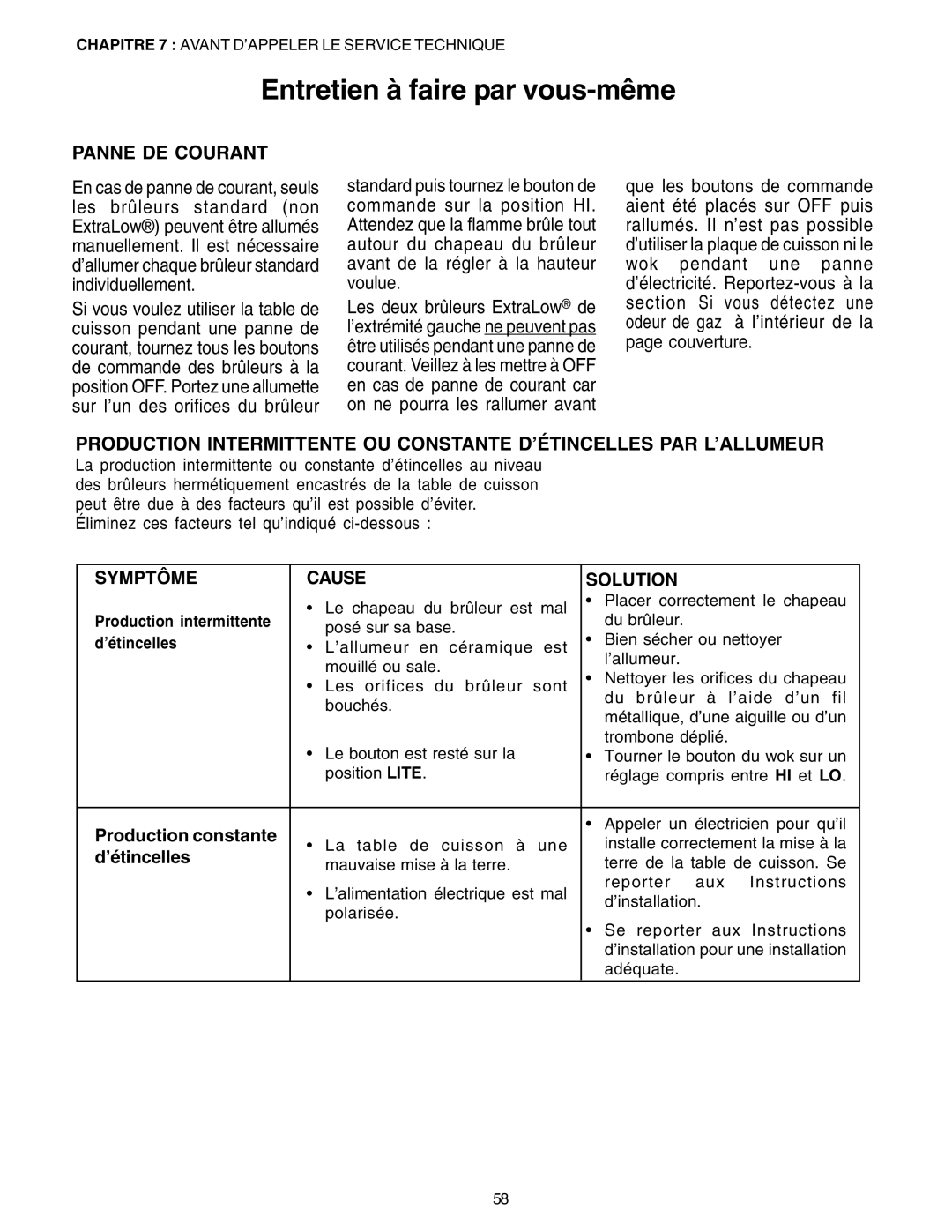 Thermador PC30, P24GE manuel dutilisation Entretien à faire par vous-même, Production constante, ’étincelles 