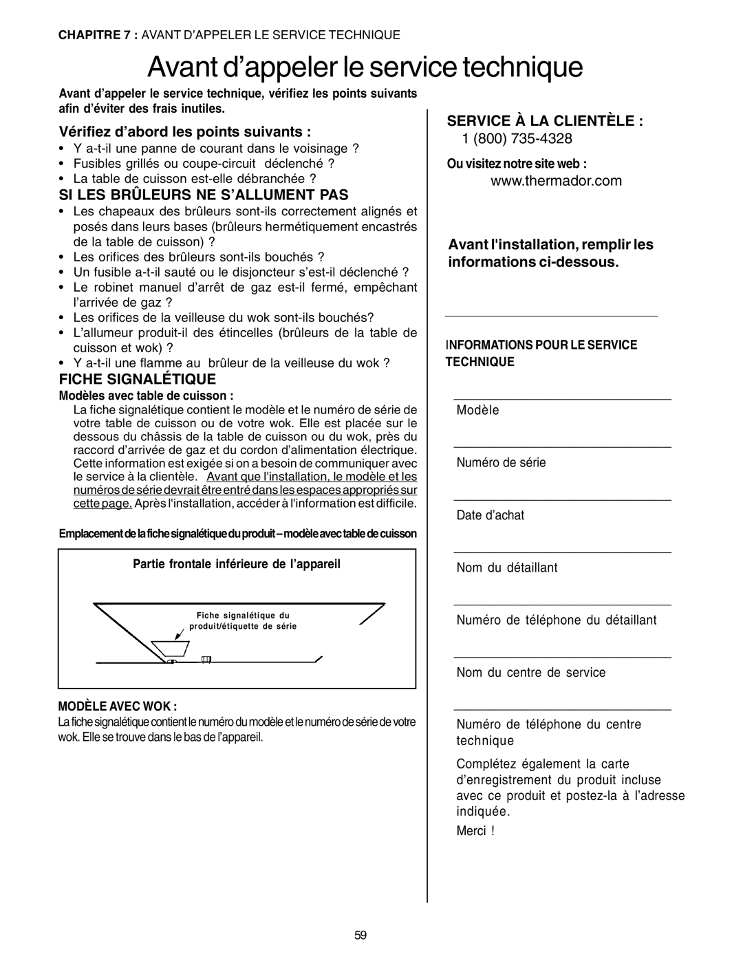 Thermador P24GE, PC30 Avant d’appeler le service technique, Vérifiez d’abord les points suivants, Fiche Signalétique 