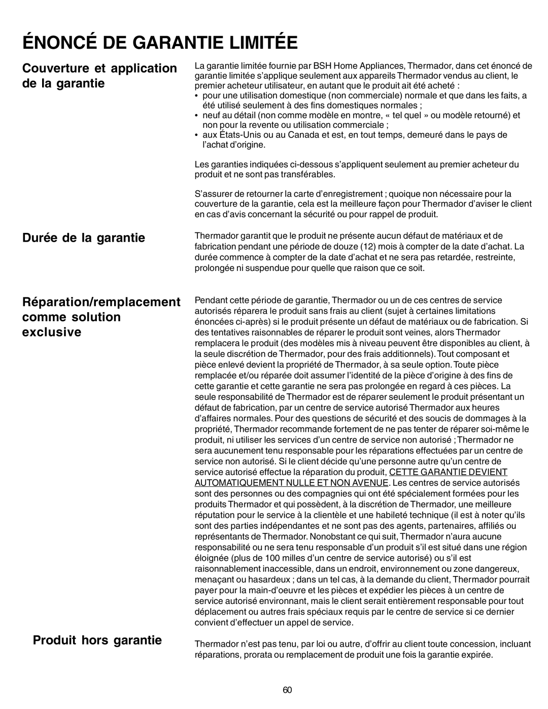 Thermador PC30, P24GE manuel dutilisation Énoncé DE Garantie Limitée 