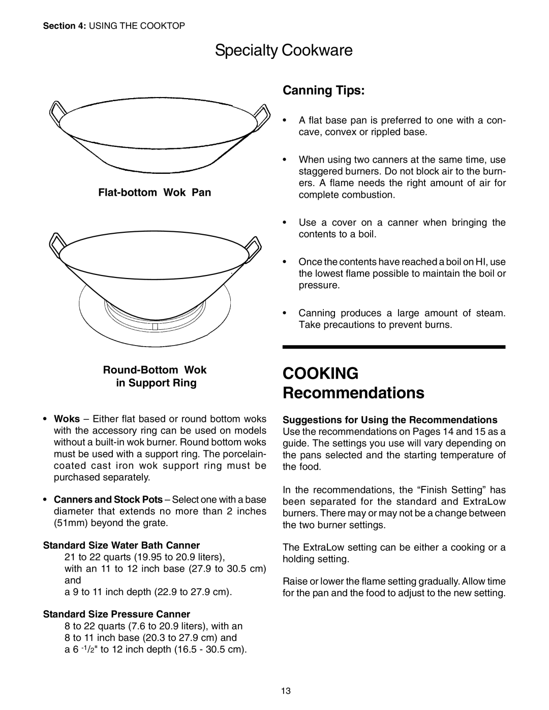 Thermador P24GE, PC30 manuel dutilisation Specialty Cookware, COOKING Recommendations, Canning Tips, Flat-bottom Wok Pan 