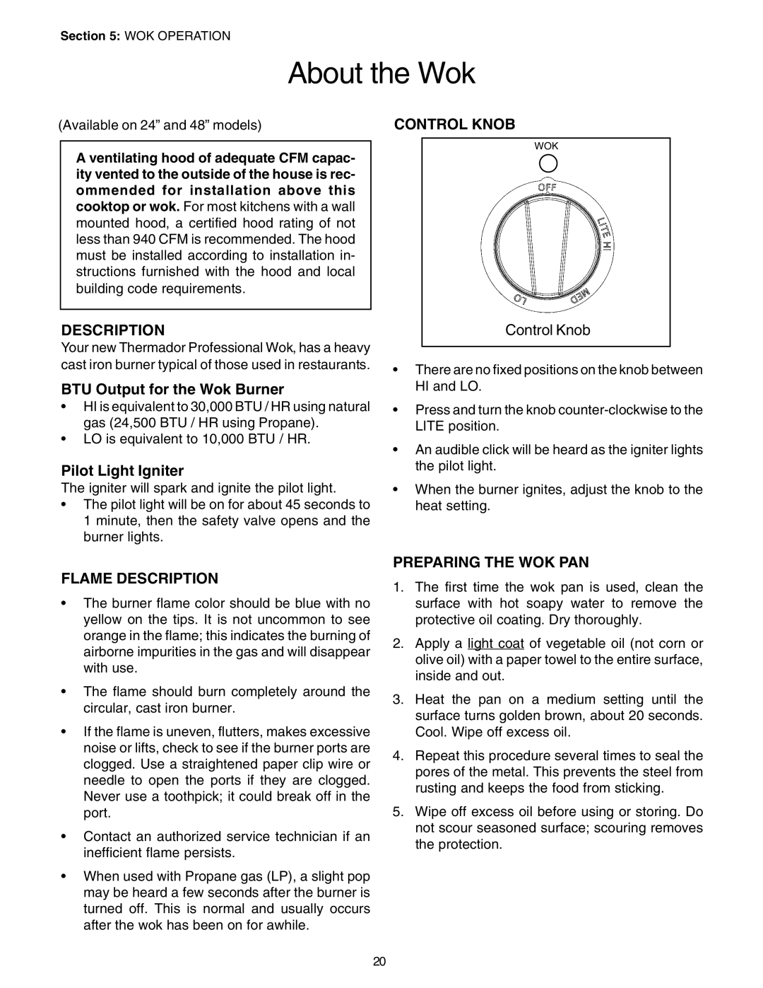 Thermador PC30, P24GE About the Wok, Description, BTU Output for the Wok Burner, Pilot Light Igniter, Control Knob 