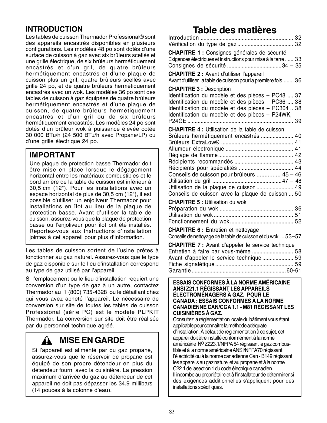 Thermador PC30, P24GE manuel dutilisation Table des matières, Mise En Garde, Introduction, CHAPITRE 3 Description 