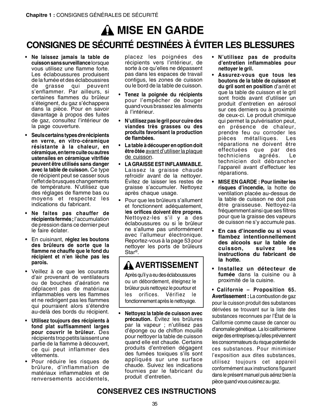 Thermador P24GE, PC30 manuel dutilisation Mise En Garde, Avertissement, Conservez Ces Instructions 