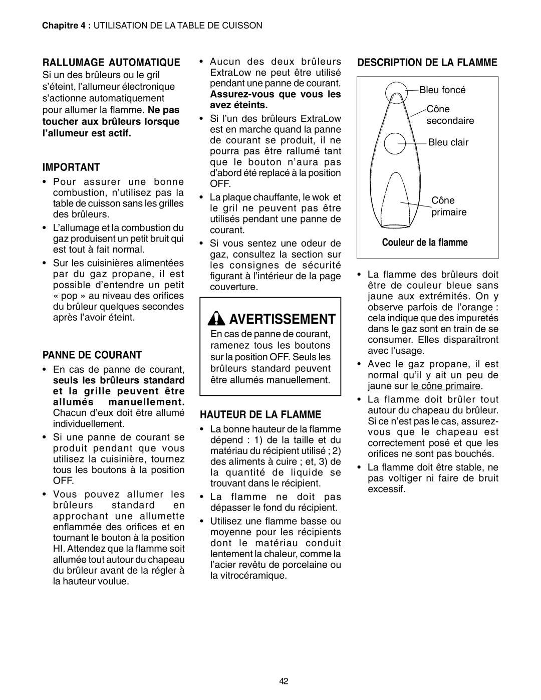 Thermador PC30 Avertissement, Rallumage Automatique, Panne De Courant, Hauteur De La Flamme, Description De La Flamme 