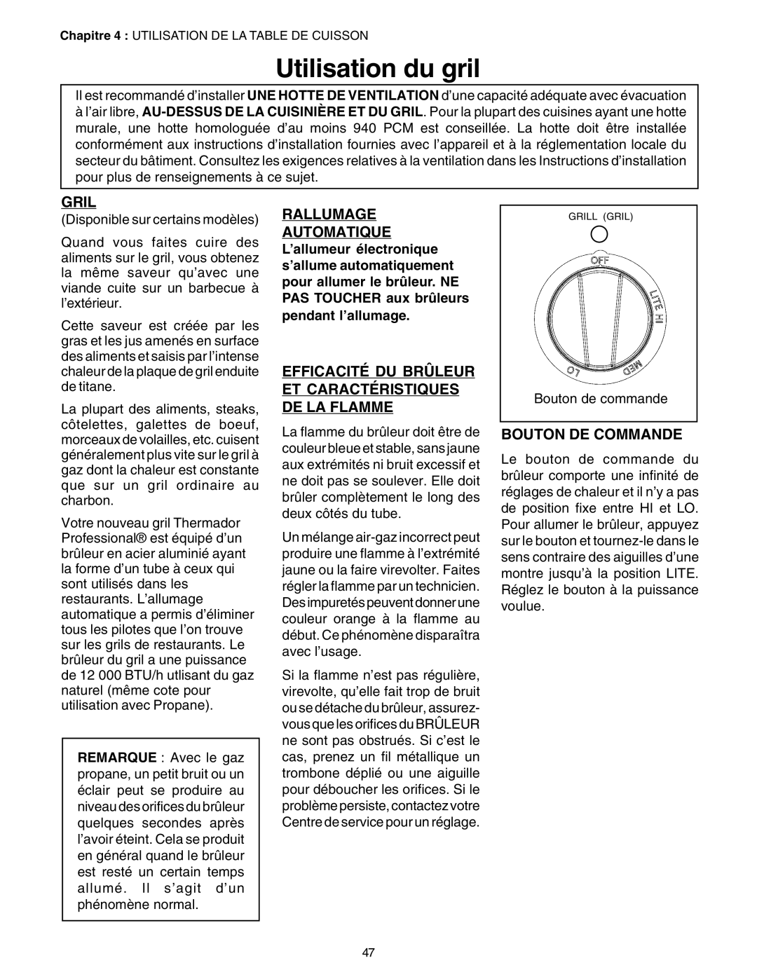 Thermador P24GE Utilisation du gril, Gril, Rallumage Automatique, Efficacité Du Brûleur Et Caractéristiques De La Flamme 