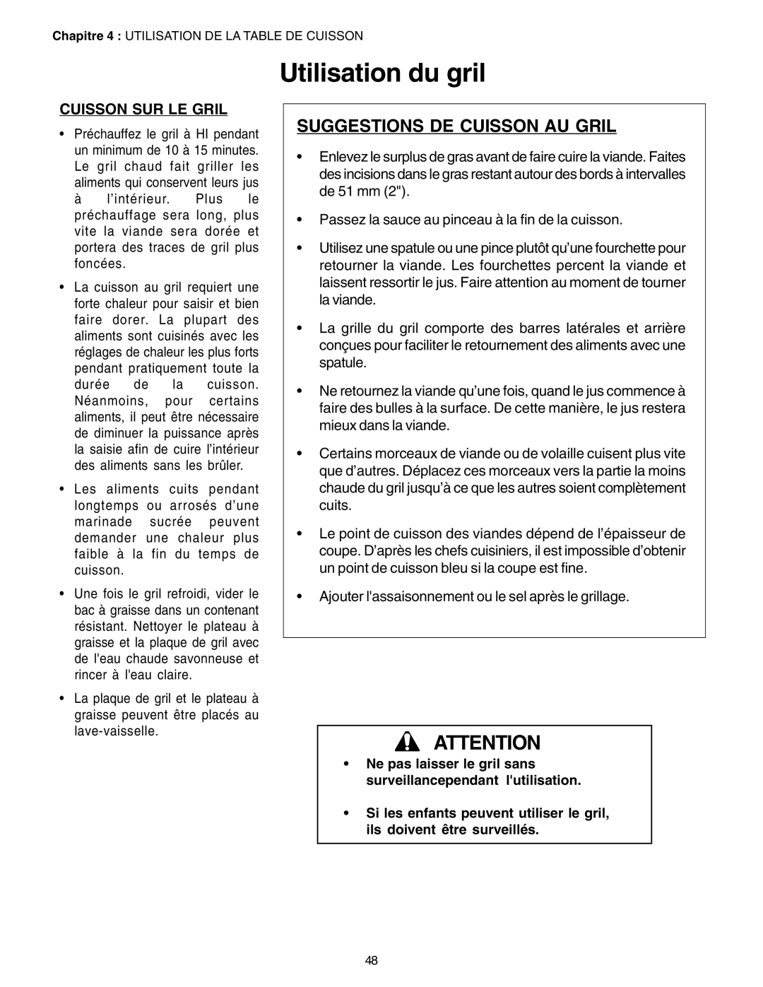 Thermador PC30, P24GE manuel dutilisation Suggestions De Cuisson Au Gril, Utilisation du gril, Cuisson Sur Le Gril 