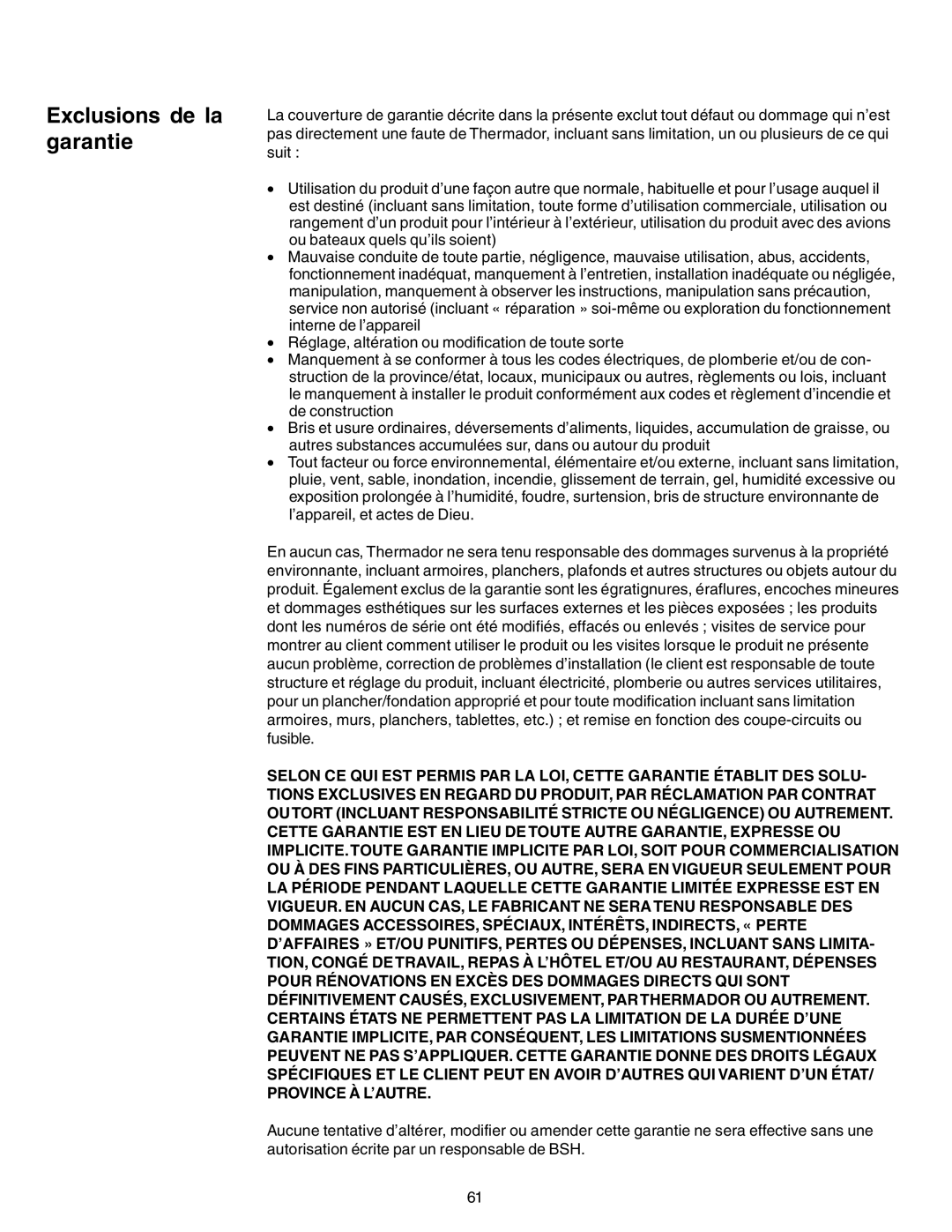 Thermador P24GE, PC30 manuel dutilisation Exclusions de la garantie 
