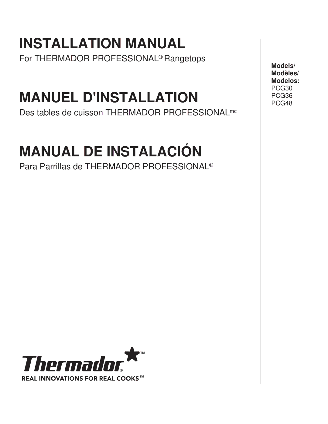 Thermador PCG48, PCG36, PCG30 installation manual Installation Manual 