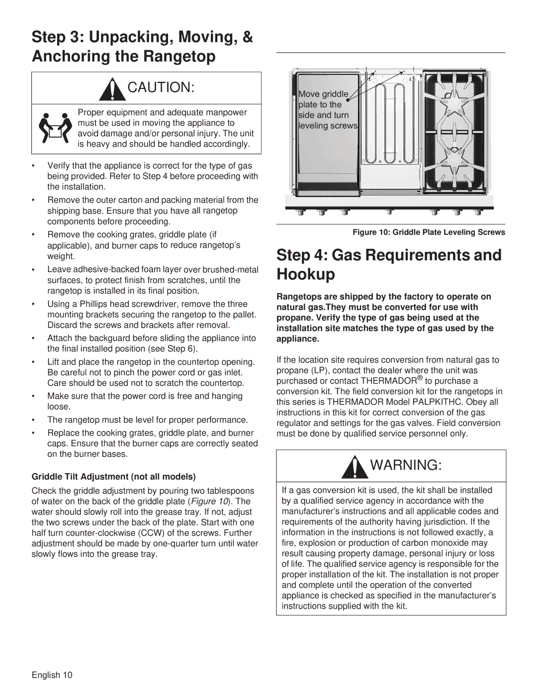 Thermador PCG36, PCG48, PCG30 installation manual Unpacking, Moving, & Anchoring the Rangetop, Gas Requirements and Hookup 