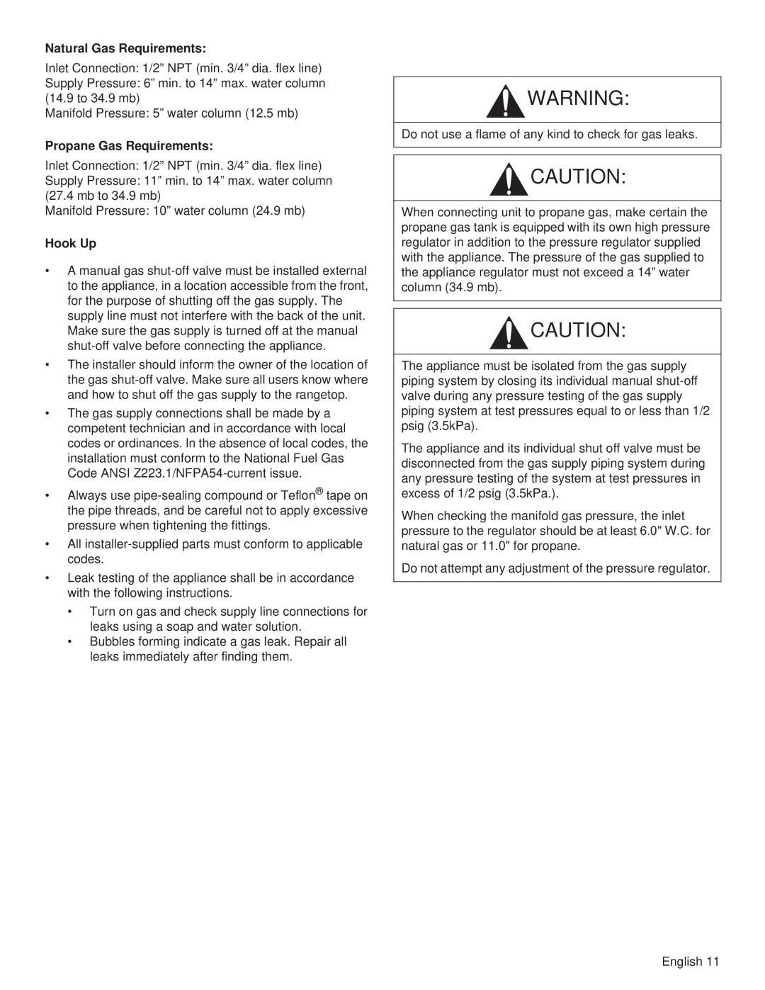 Thermador PCG48, PCG36, PCG30 installation manual Natural Gas Requirements, Propane Gas Requirements, Hook Up 