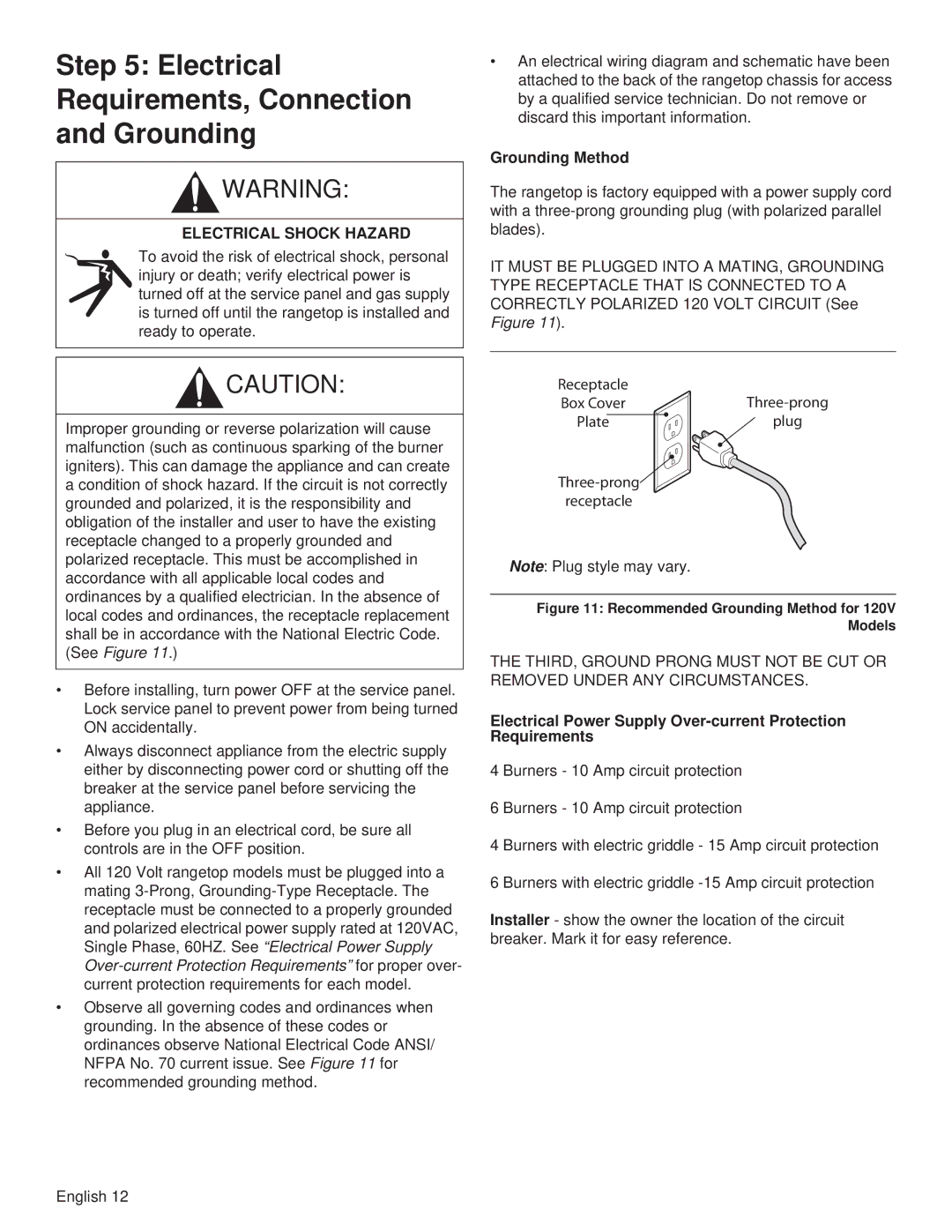 Thermador PCG30, PCG36, PCG48 Electrical Requirements, Connection Grounding, Electrical Shock Hazard, Grounding Method 