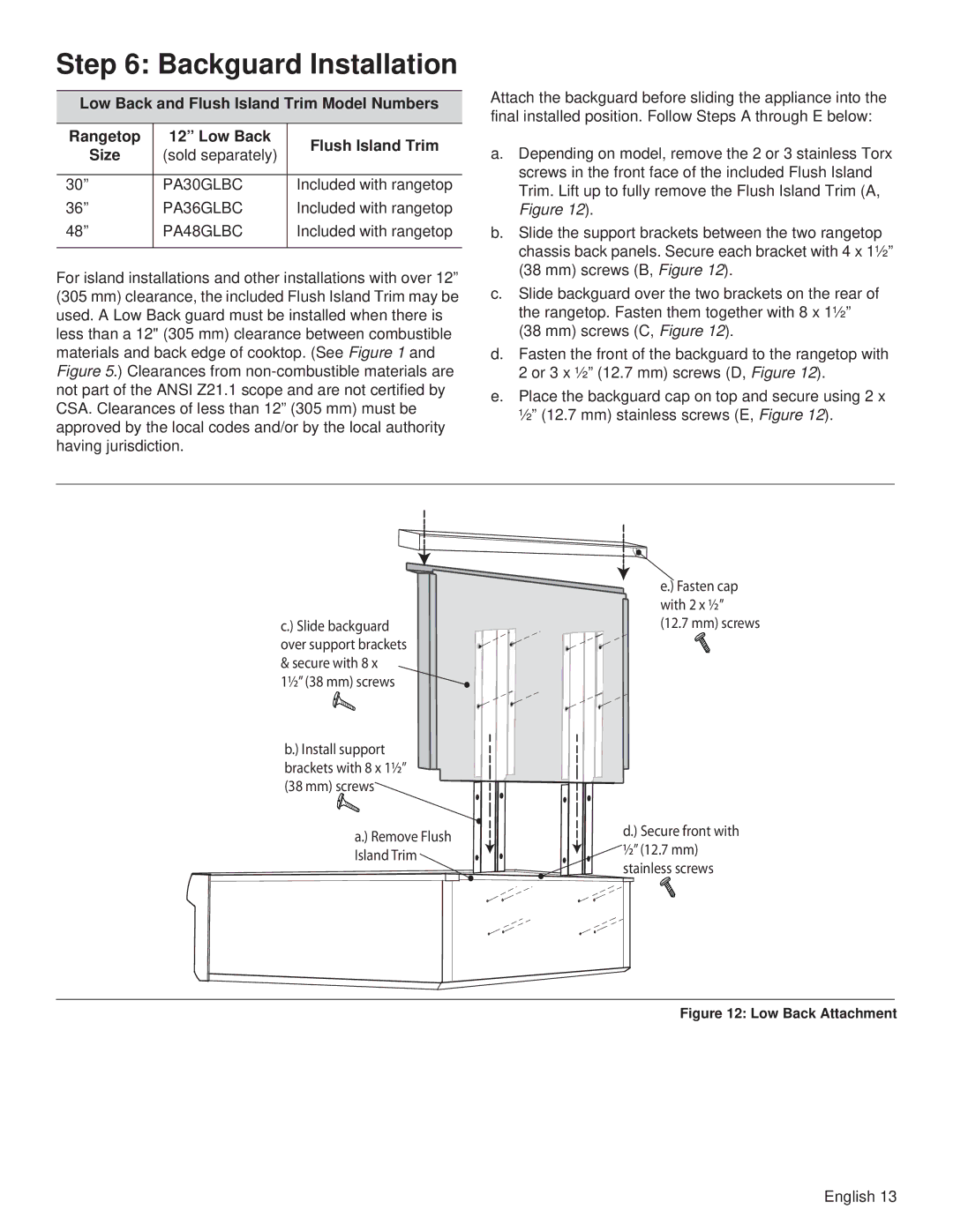 Thermador PCG36, PCG48 Backguard Installation, Low Back and Flush Island Trim Model Numbers Rangetop, PA30GLBC, PA36GLBC 