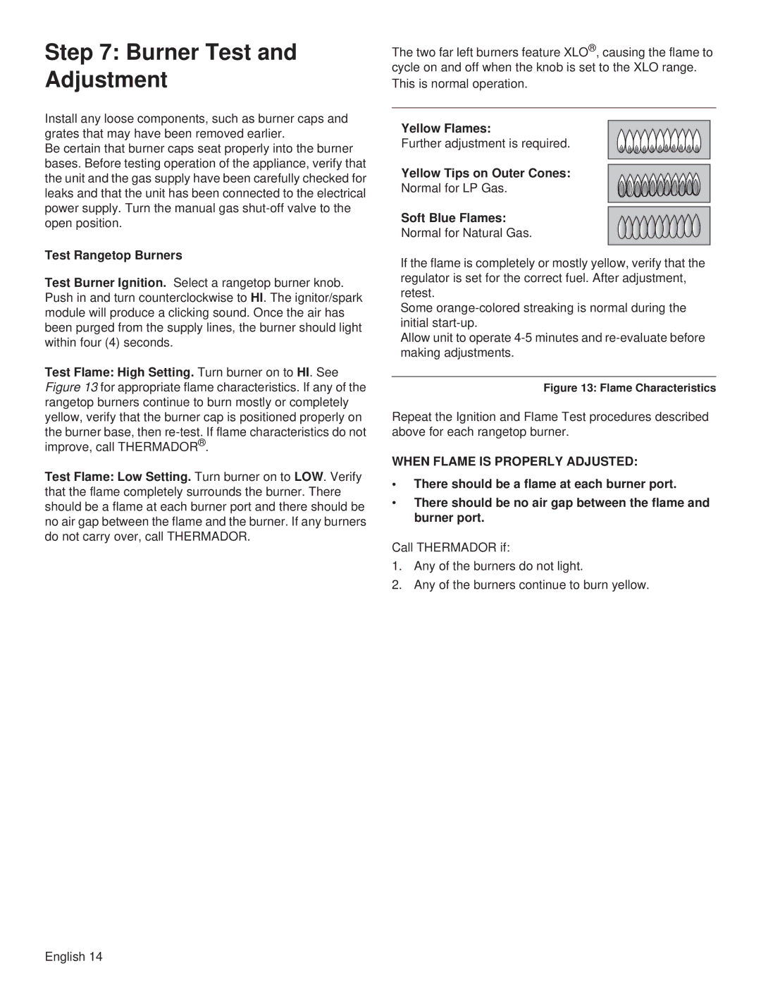 Thermador PCG48, PCG36, PCG30 installation manual Burner Test and Adjustment, When Flame is Properly Adjusted 