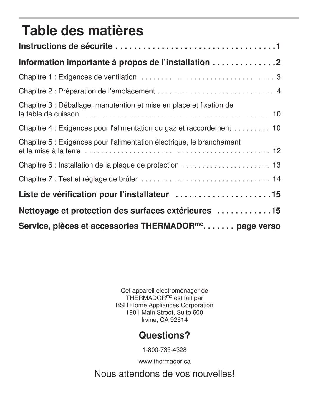 Thermador PCG36, PCG48, PCG30 installation manual Table des matières 