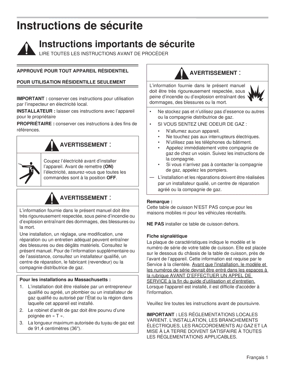 Thermador PCG48, PCG36 Instructions de sécurite, Pour les installations au Massachusetts, Remarque, Fiche signalétique 