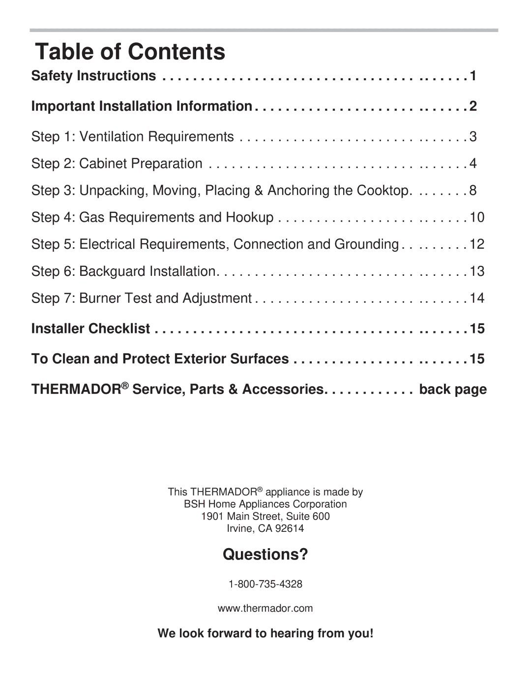 Thermador PCG30, PCG36, PCG48 installation manual Table of Contents 