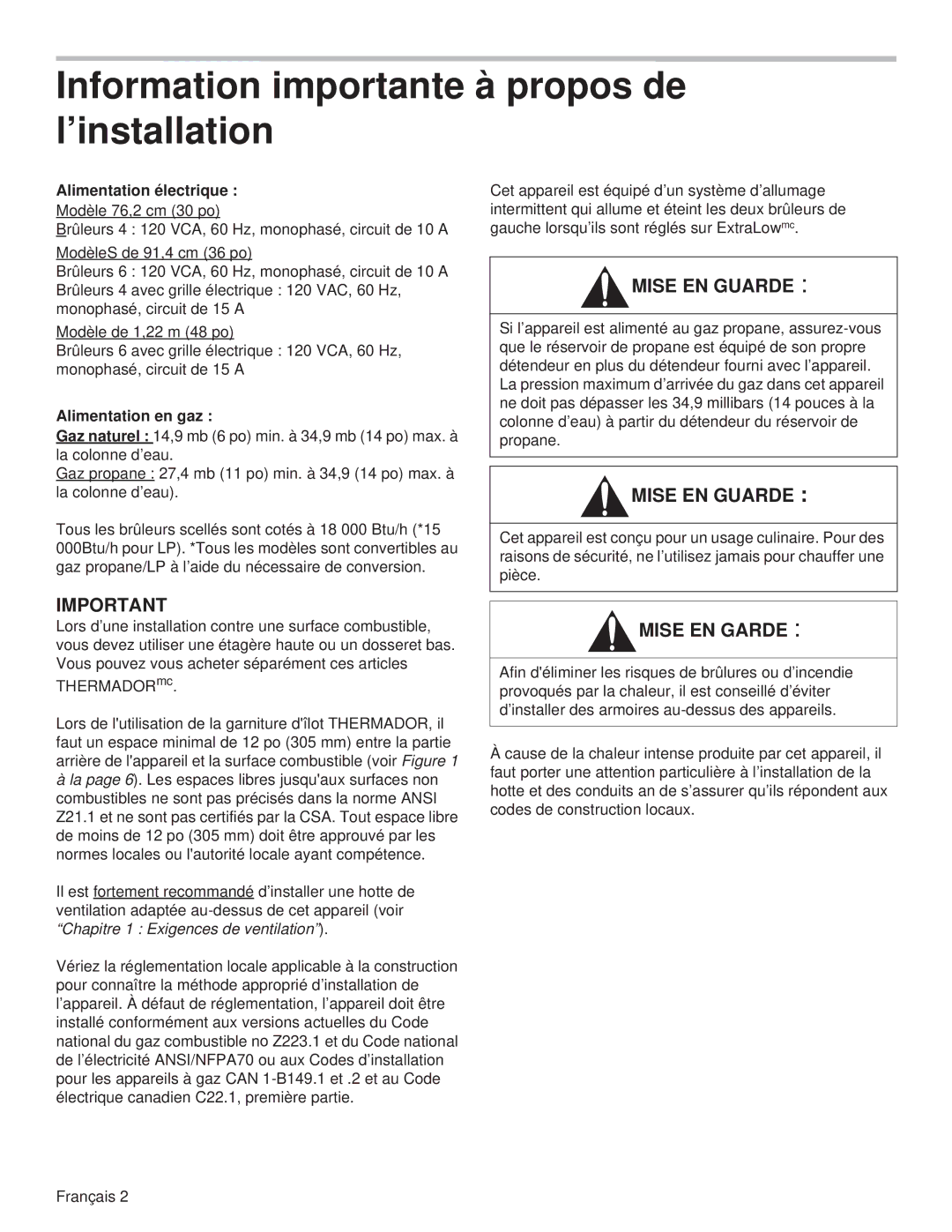 Thermador PCG30, PCG36 Information importante à propos de l’installation, Alimentation électrique, Alimentation en gaz 