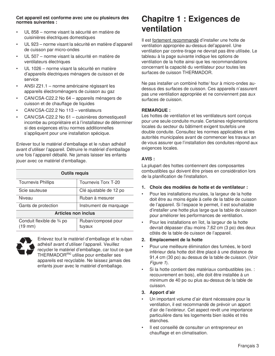 Thermador PCG36, PCG48, PCG30 installation manual Chapitre 1 Exigences de ventilation, Remarque, Avis 