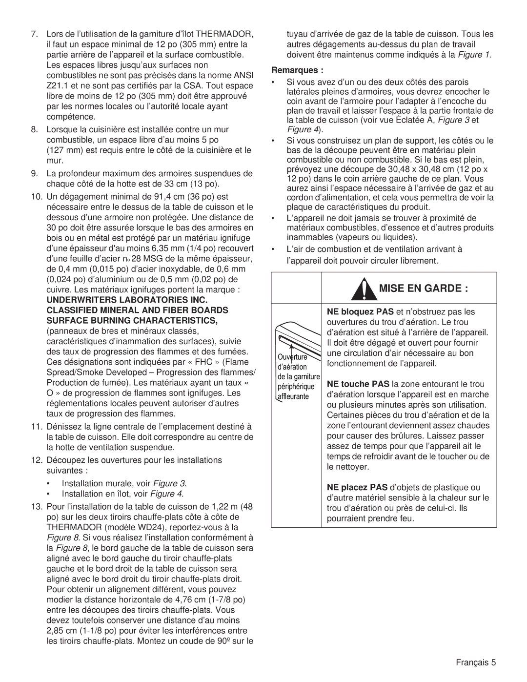 Thermador PCG30, PCG36, PCG48 installation manual Remarques 