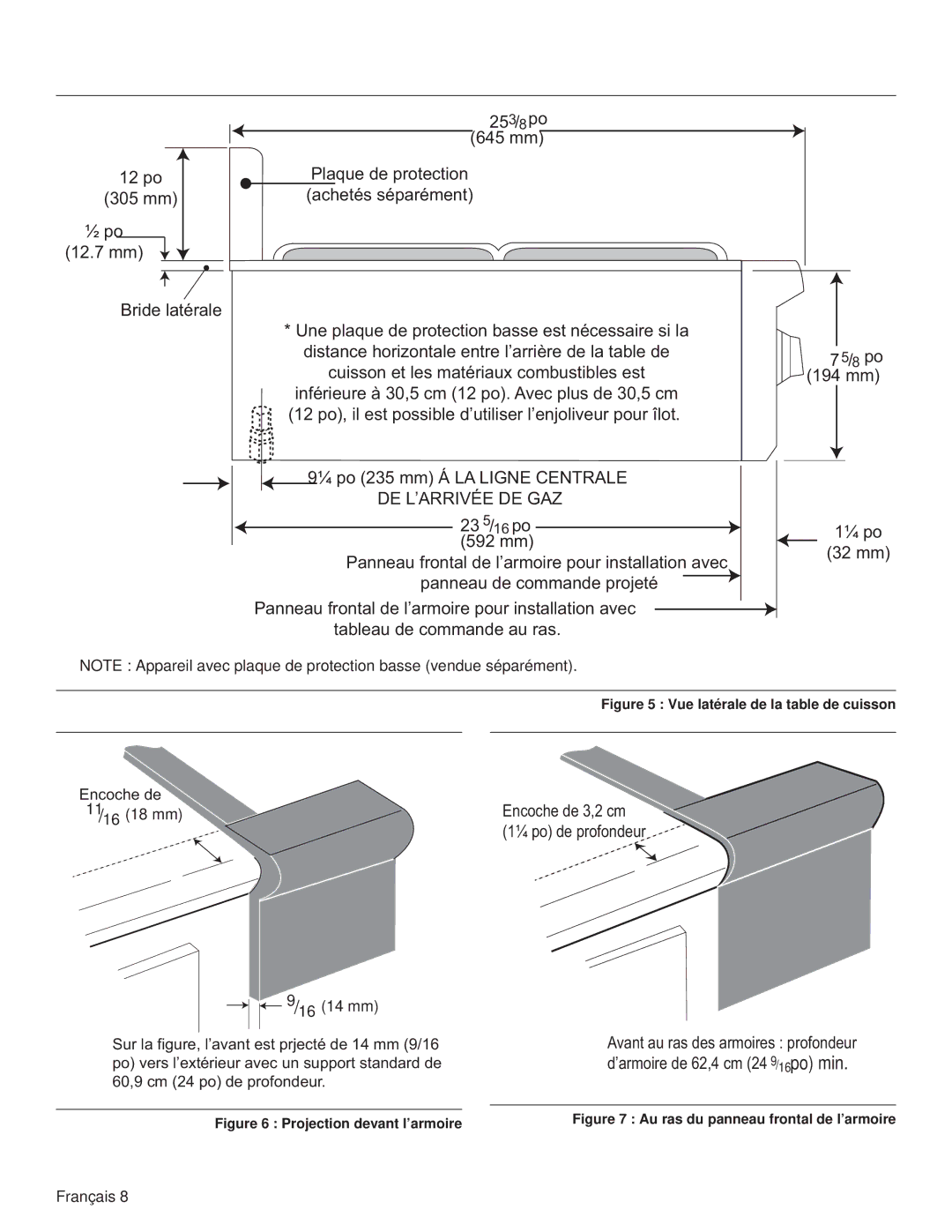 Thermador PCG30, PCG36, PCG48 installation manual 11/16 18 mmEncoche de 3,2 cm 1¼ po de profondeur 