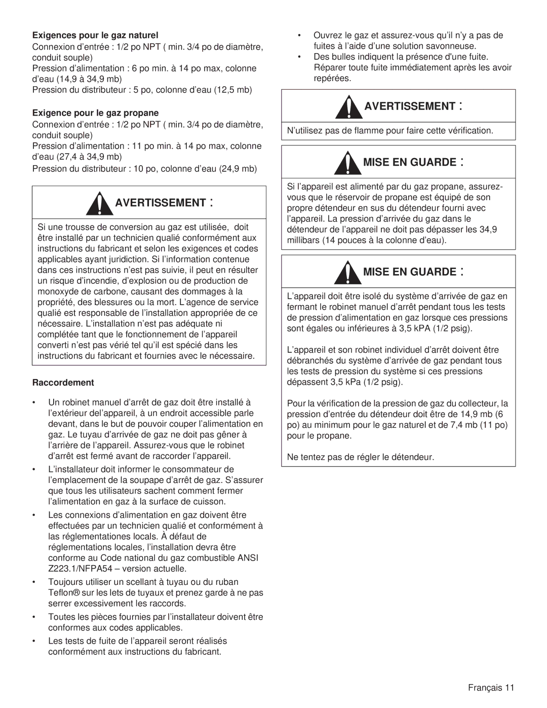 Thermador PCG30, PCG36, PCG48 installation manual Exigences pour le gaz naturel, Exigence pour le gaz propane, Raccordement 