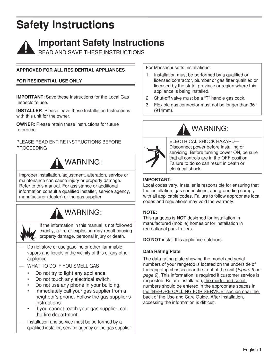 Thermador PCG36, PCG48, PCG30 Safety Instructions, Please Read Entire Instructions Before Proceeding, Data Rating Plate 