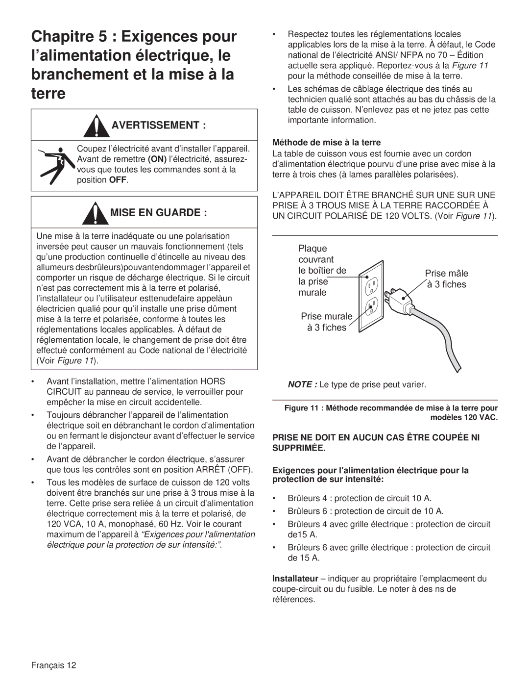 Thermador PCG36, PCG48, PCG30 Méthode de mise à la terre, Prise NE Doit EN Aucun CAS Être Coupée NI Supprimée 