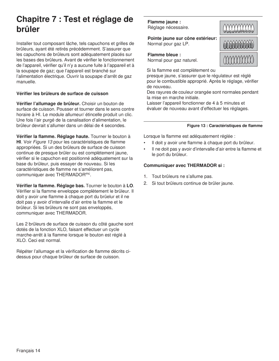 Thermador PCG30, PCG36 Chapitre 7 Test et réglage de brûler, Flamme jaune, Pointe jaune sur cône extérieur, Flamme bleue 