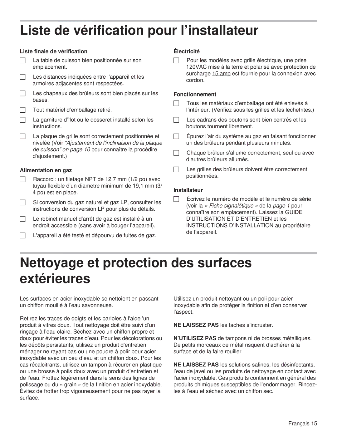 Thermador PCG36 Liste de vérification pour l’installateur, Nettoyage et protection des surfaces extérieures, Installateur 