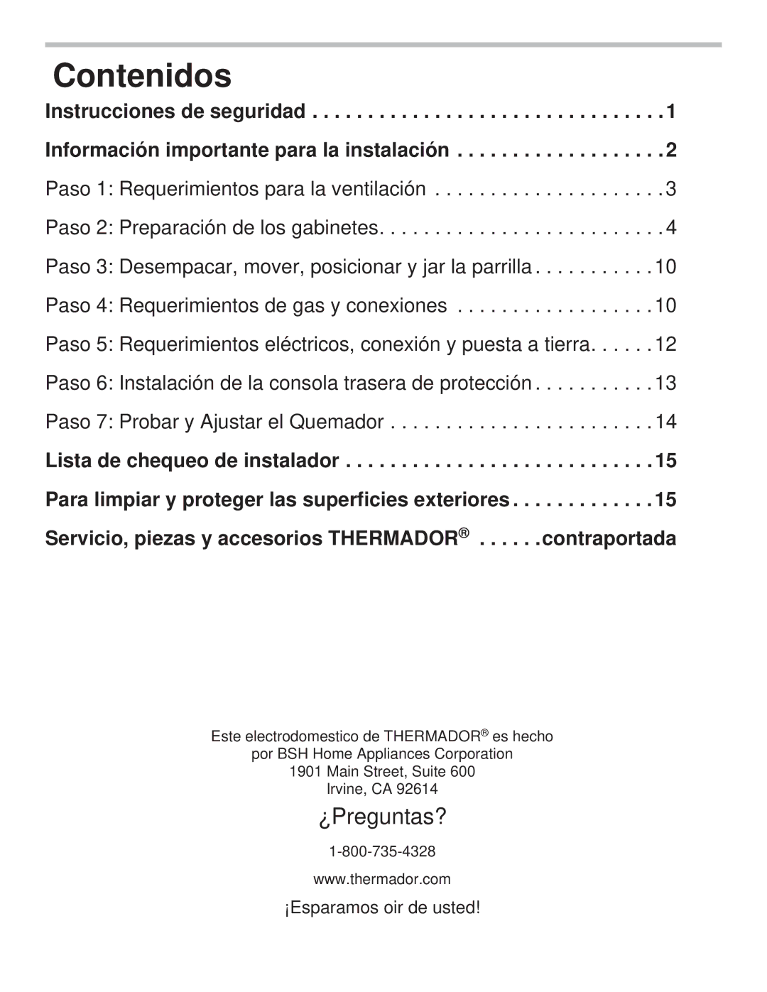 Thermador PCG48, PCG36, PCG30 installation manual Contenidos 