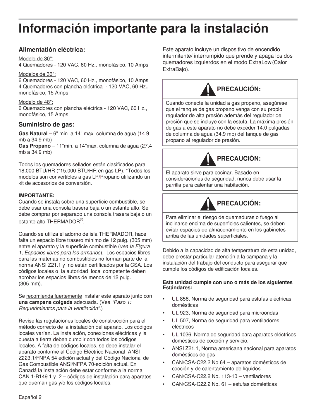 Thermador PCG36, PCG48, PCG30 installation manual Información importante para la instalación, Importante 