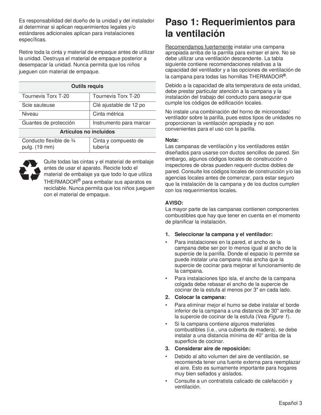 Thermador PCG48, PCG36, PCG30 installation manual Paso 1 Requerimientos para la ventilación, Aviso 