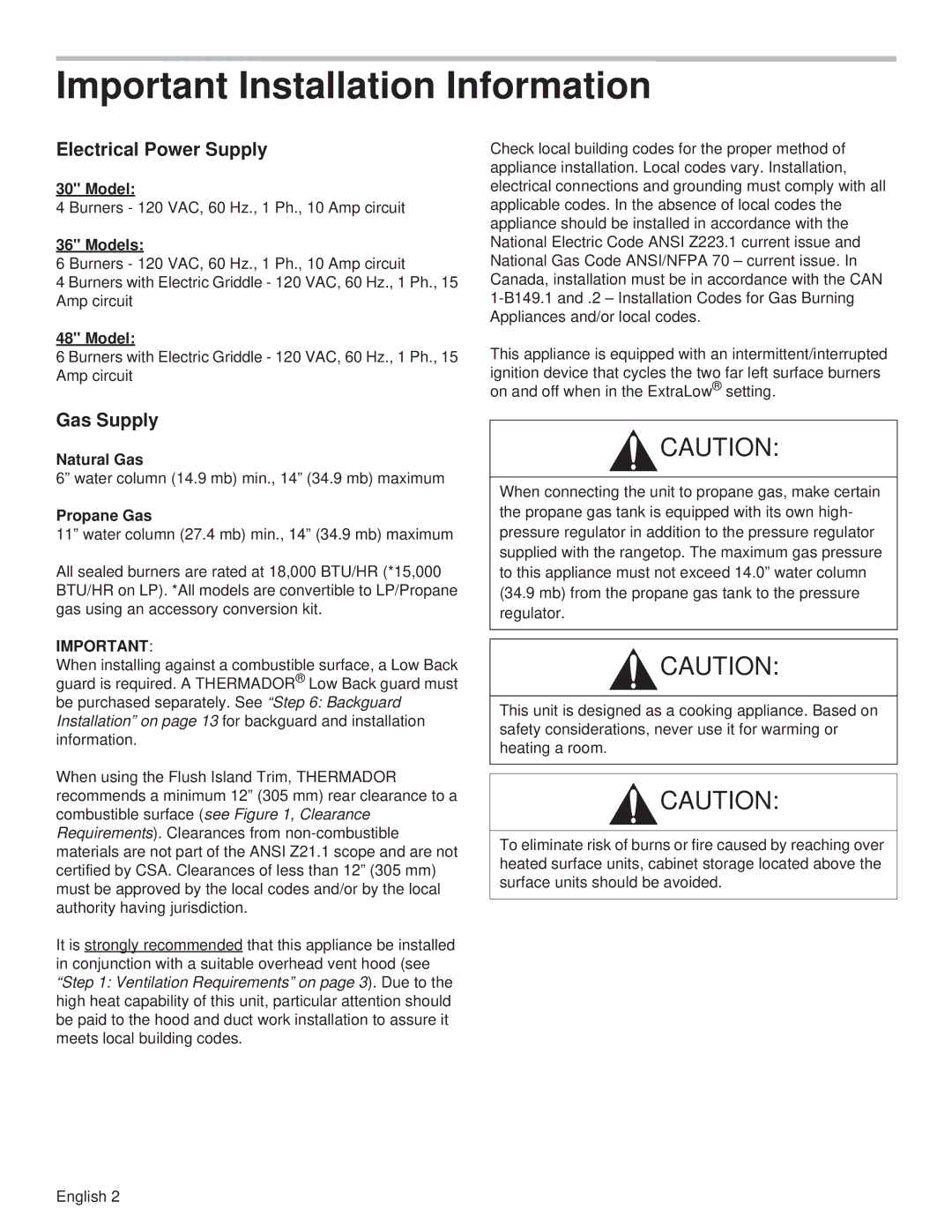 Thermador PCG48, PCG36, PCG30 installation manual Important Installation Information, Models, Natural Gas, Propane Gas 