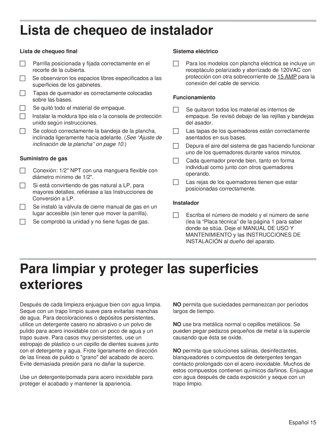 Thermador PCG48, PCG36, PCG30 Lista de chequeo de instalador, Para limpiar y proteger las superficies exteriores 