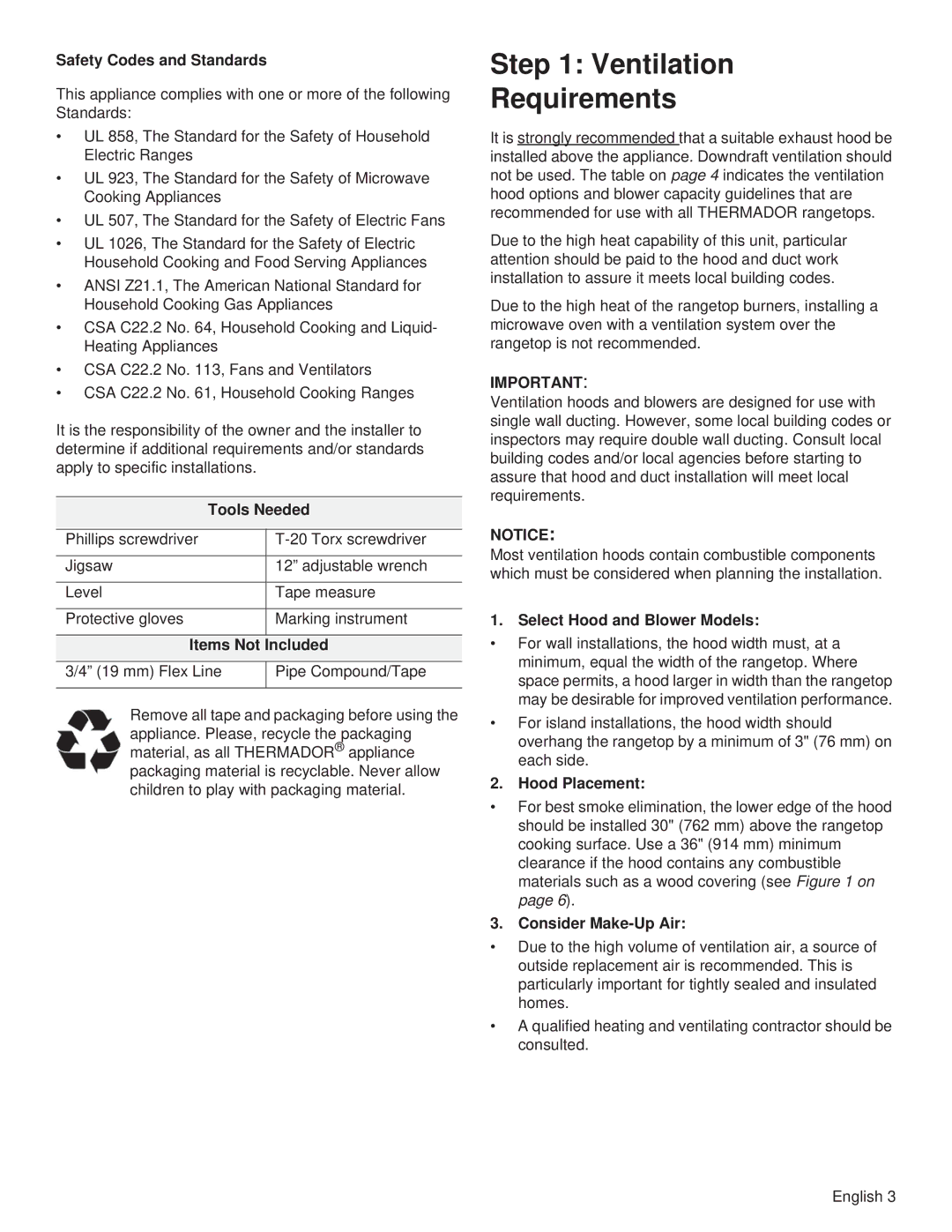 Thermador PCG30, PCG36, PCG48 installation manual Ventilation Requirements 