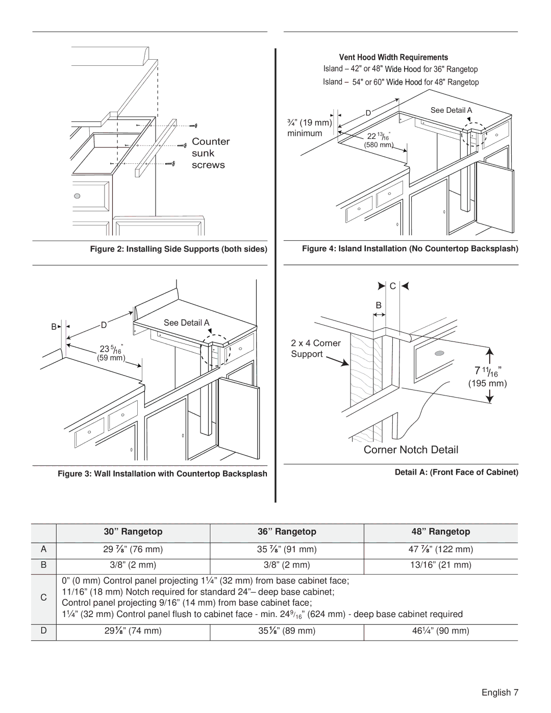 Thermador PCG36, PCG48, PCG30 installation manual Counter sunk screws, Vent Hood Width Requirements 