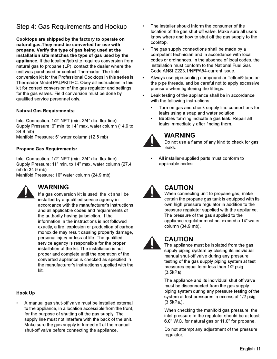 Thermador PCG48, PCG36, PCG30 installation manual Gas Requirements and Hookup, Propane Gas Requirements, Hook Up 