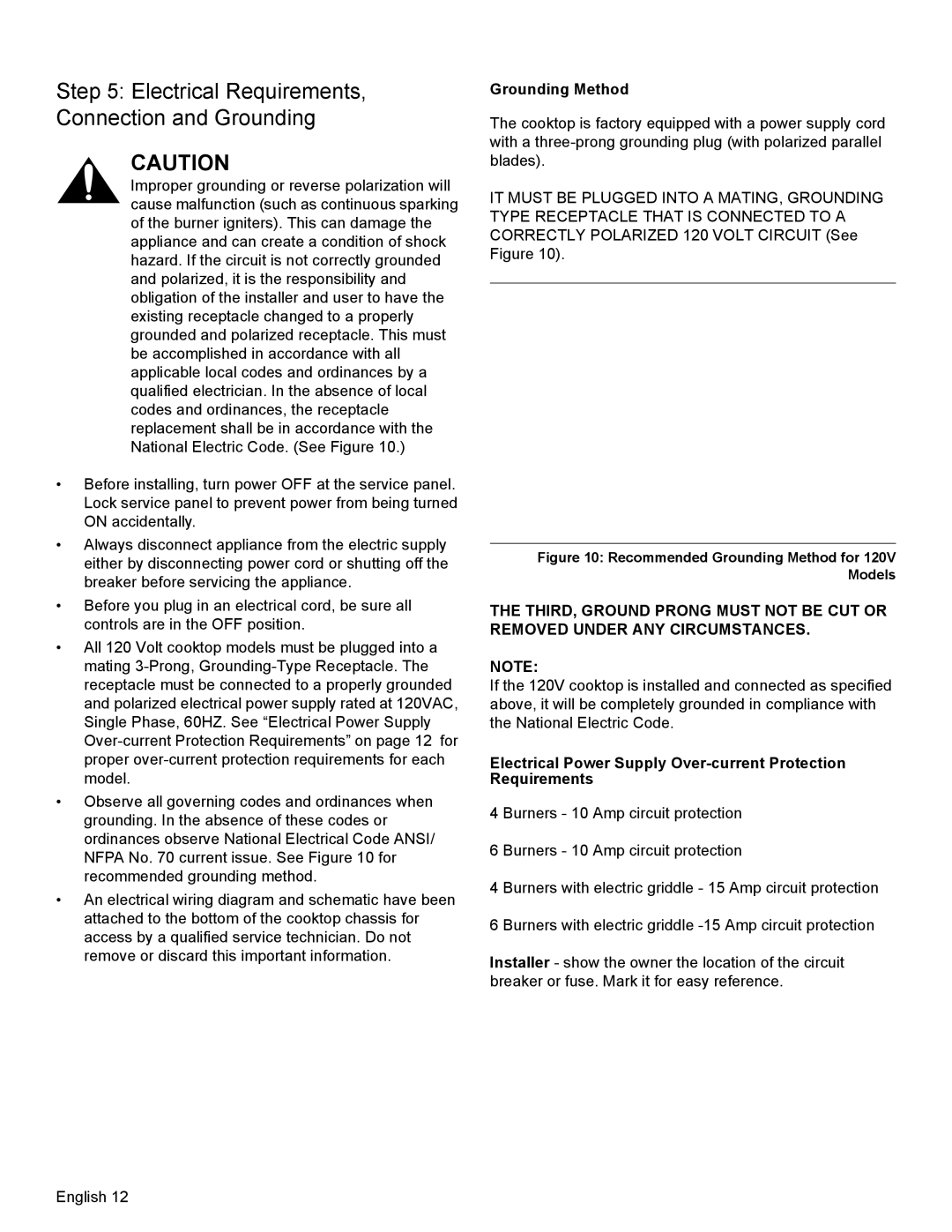 Thermador PCG30, PCG36, PCG48 Grounding Method, Electrical Power Supply Over-current Protection Requirements 