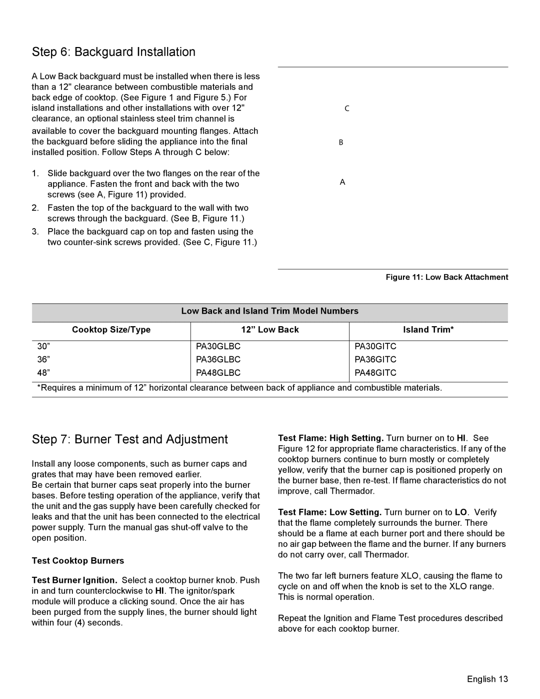 Thermador PCG36, PCG48, PCG30 installation manual Backguard Installation, Burner Test and Adjustment, Test Cooktop Burners 