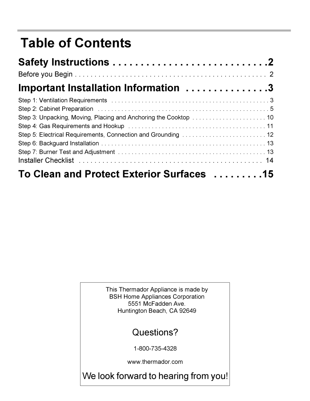 Thermador PCG30, PCG36, PCG48 installation manual Table of Contents 