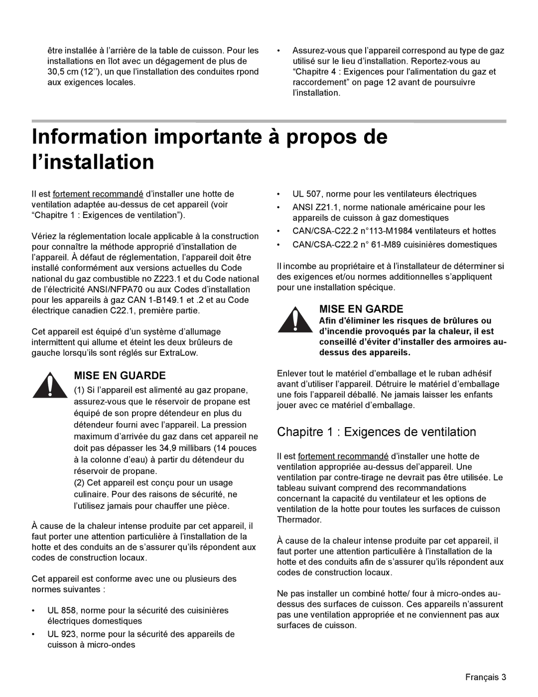 Thermador PCG36 Information importante à propos de l’installation, Chapitre 1 Exigences de ventilation, Mise EN Guarde 