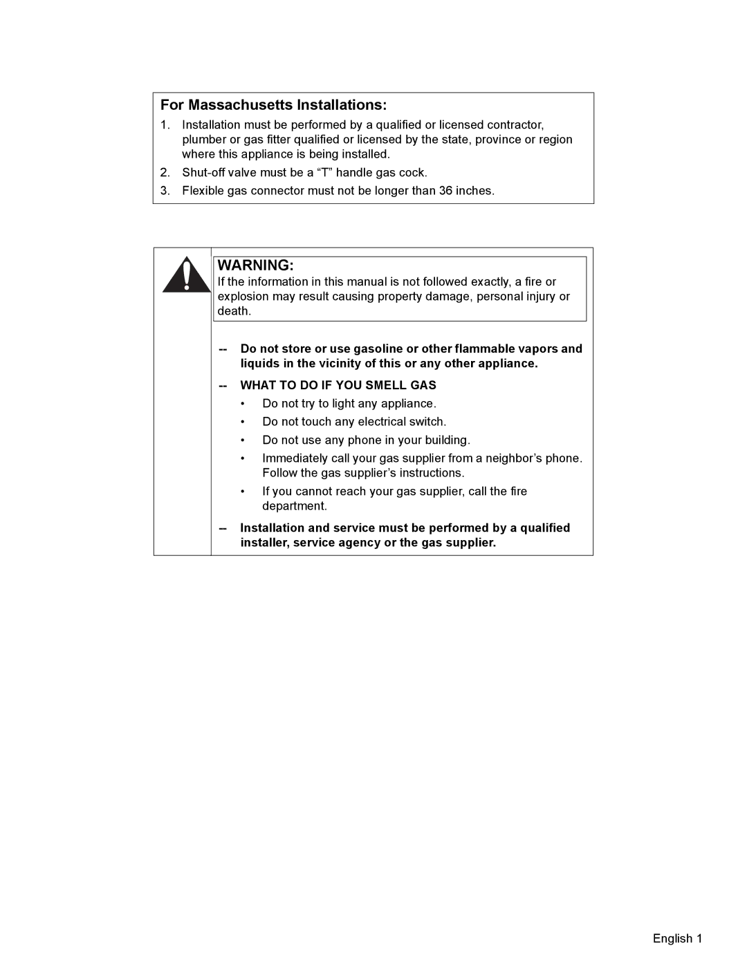 Thermador PCG36, PCG48, PCG30 installation manual For Massachusetts Installations 