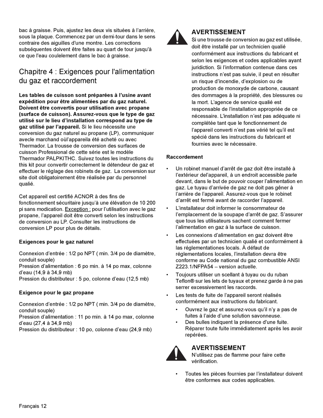 Thermador PCG36, PCG48, PCG30 installation manual Exigences pour le gaz naturel, Exigence pour le gaz propane, Raccordement 